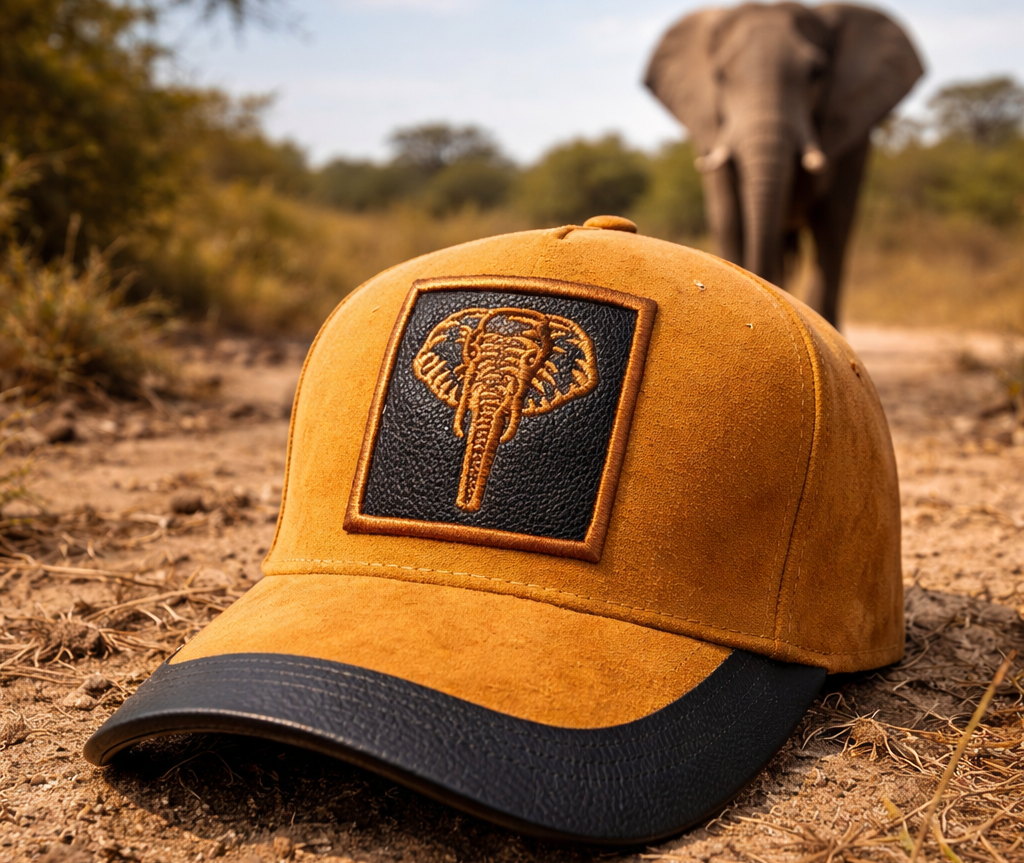 Brown cap with elephant patch on a dirt path with an elephant in the background