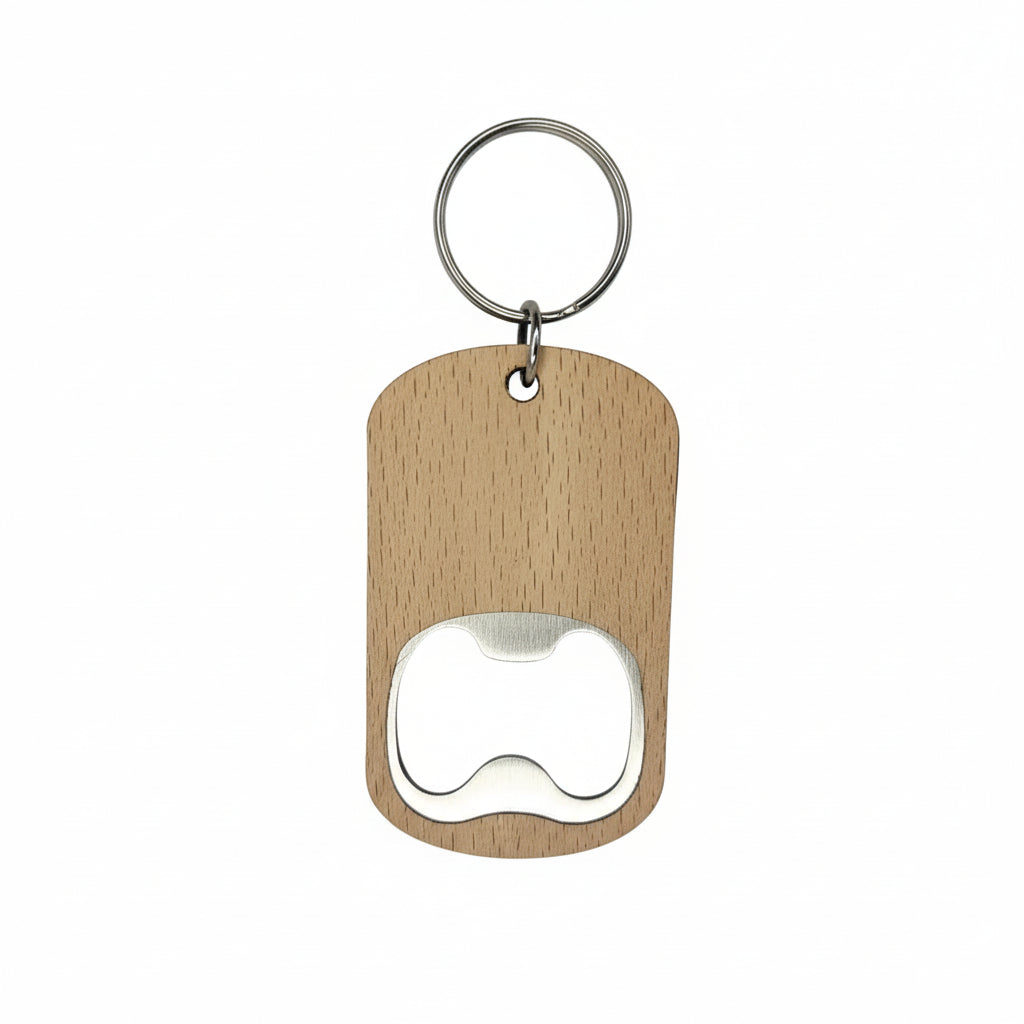 Wooden keychain with bottle opener on a gray background