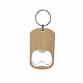 Wooden keychain with bottle opener on a gray background