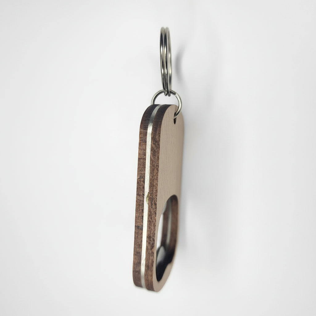 Keychain with wooden and metal design on a white background