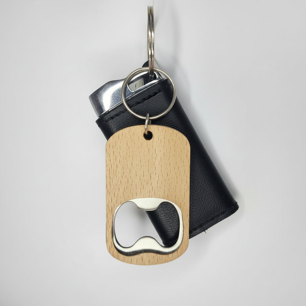 Keychain with wooden bottle opener and black strap on a gray background