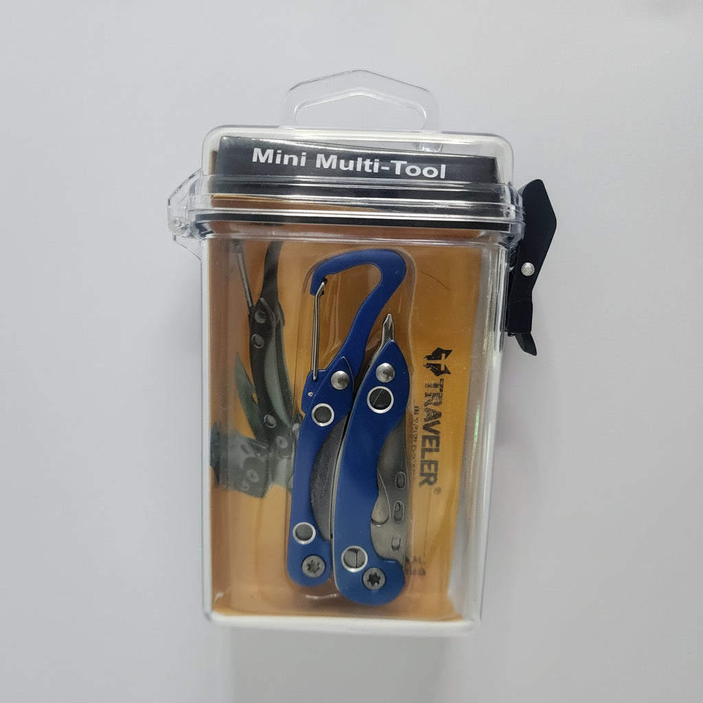 Mini multi-tool in clear packaging with visible brand name on a white background