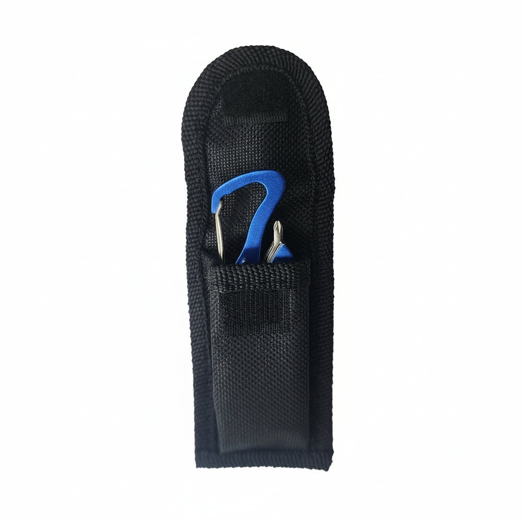 Black sheath with blue carabiner and tools on a light gray background