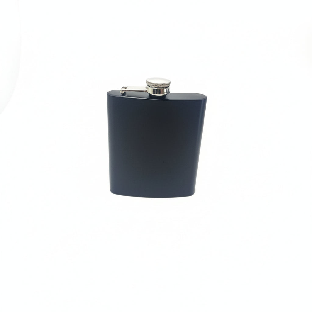 Black hip flask with silver cap on a white background