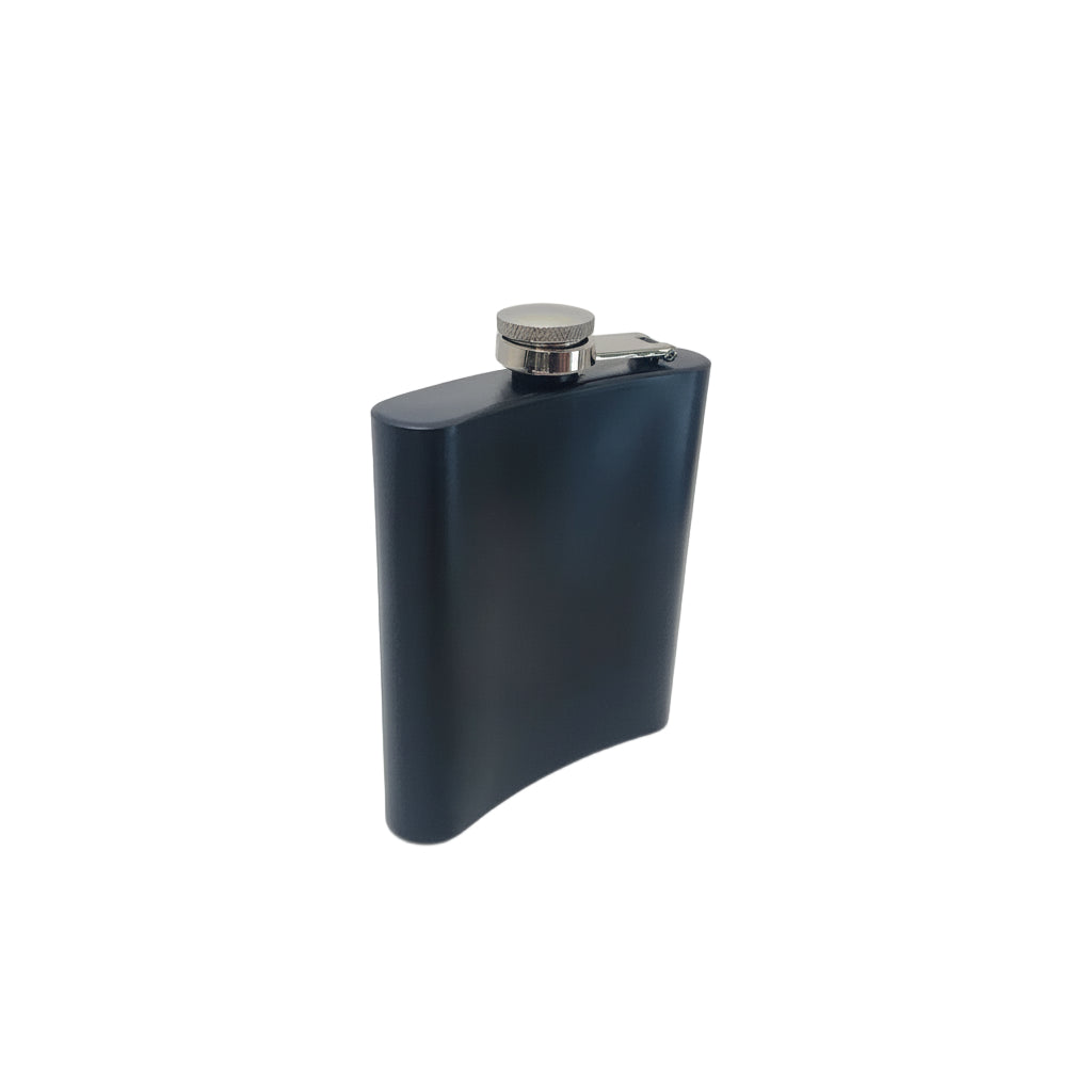 Black hip flask with silver cap on a white background