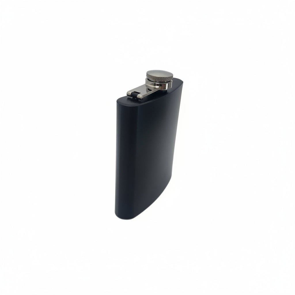 Black hip flask with silver cap on a white background