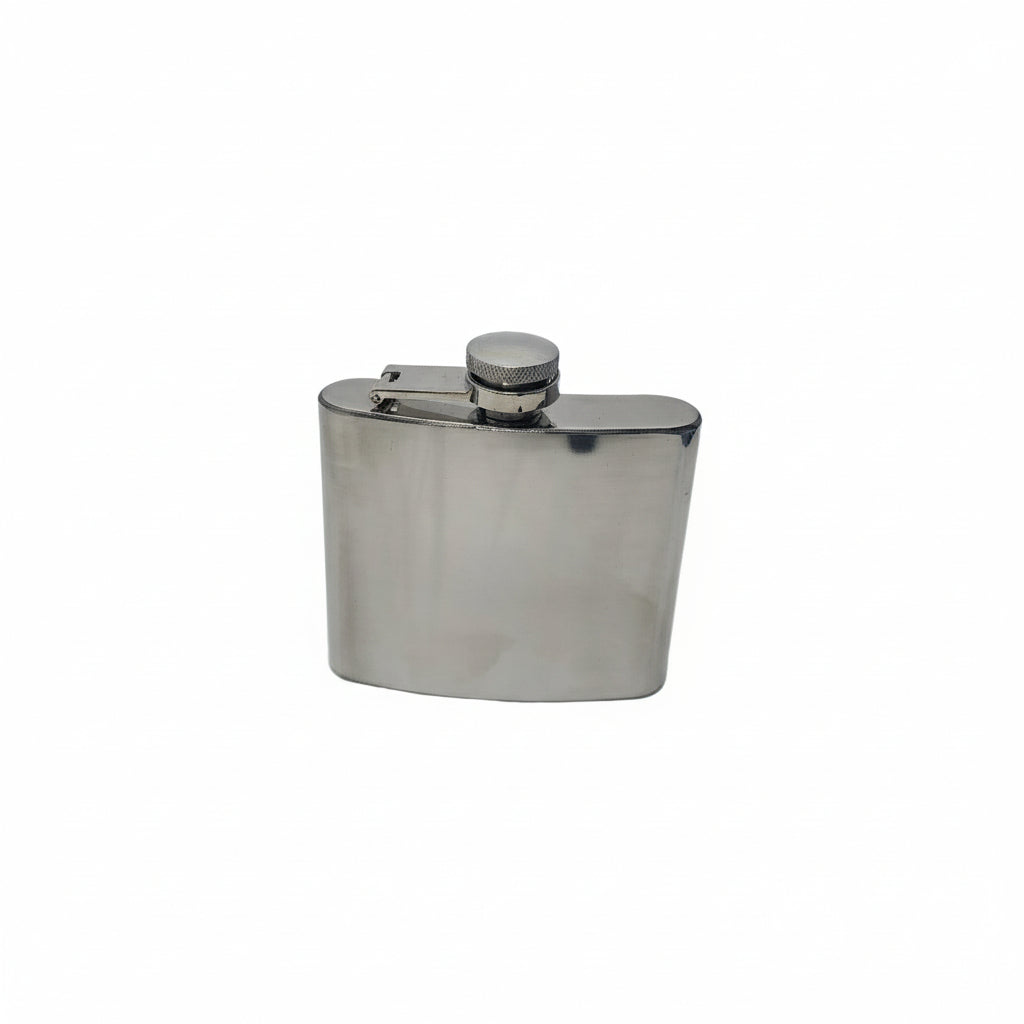 Stainless steel hip flask on a white background