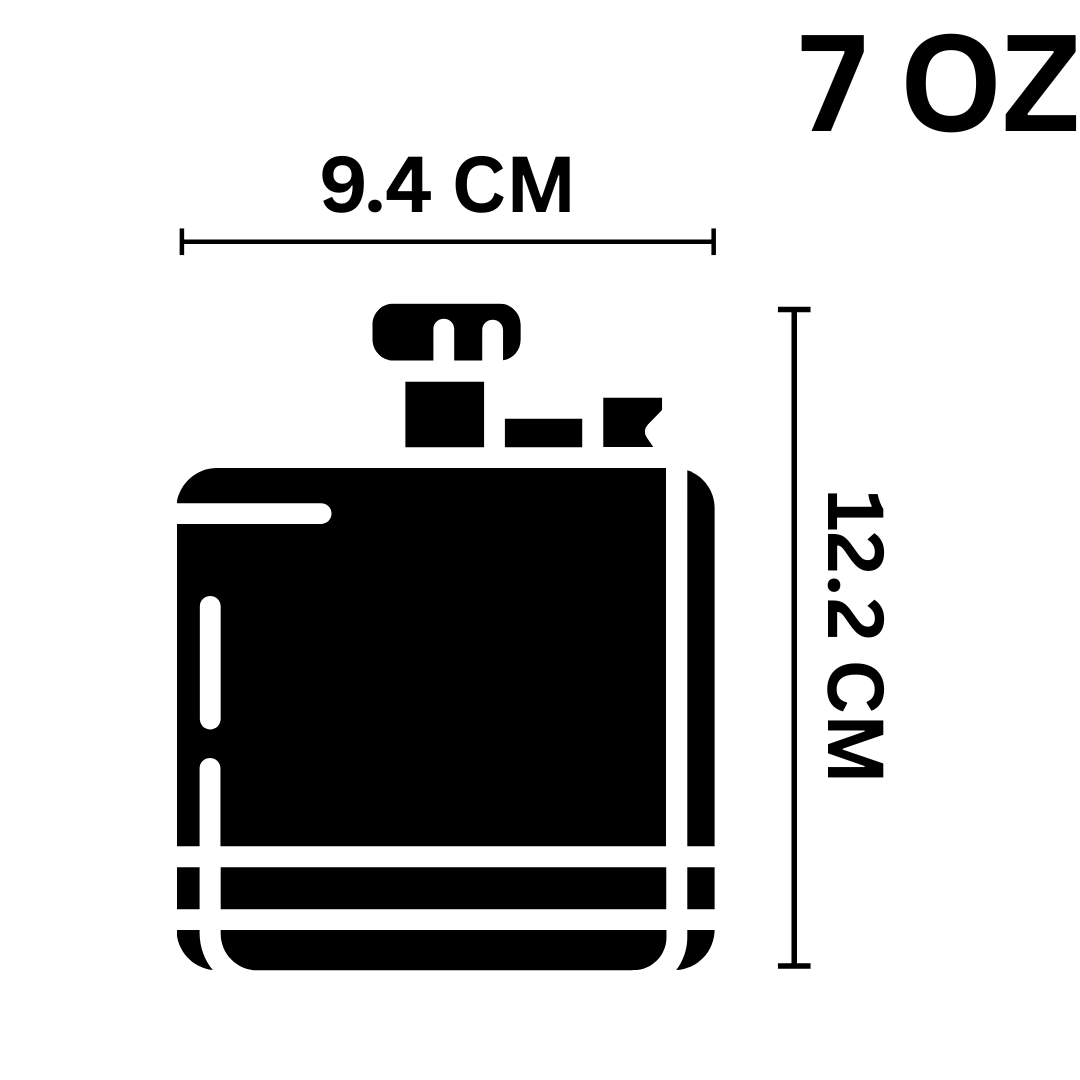 Measurement chart showing a black rectangular object with dimensions labeled in centimeters and ounces.