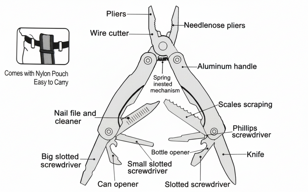 Multitool with labeled components on a white background