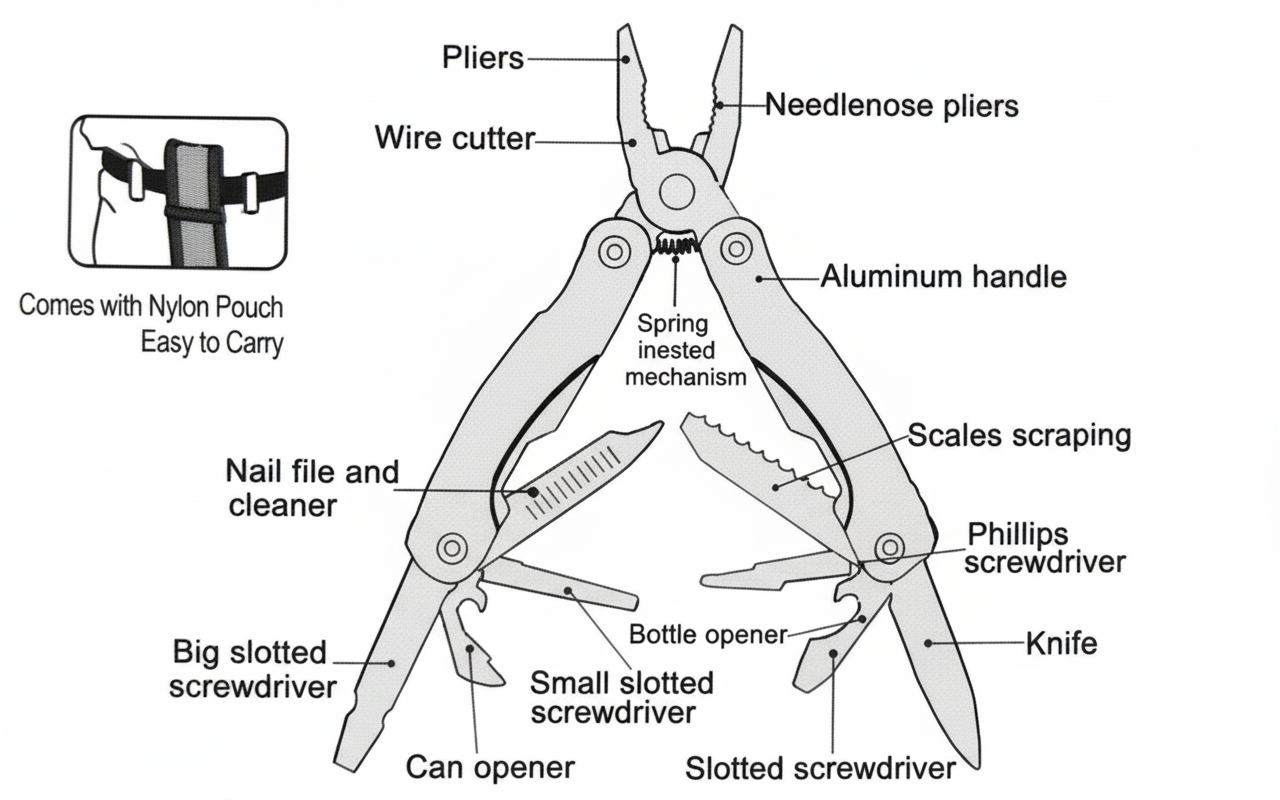 Multitool with labeled components on a white background